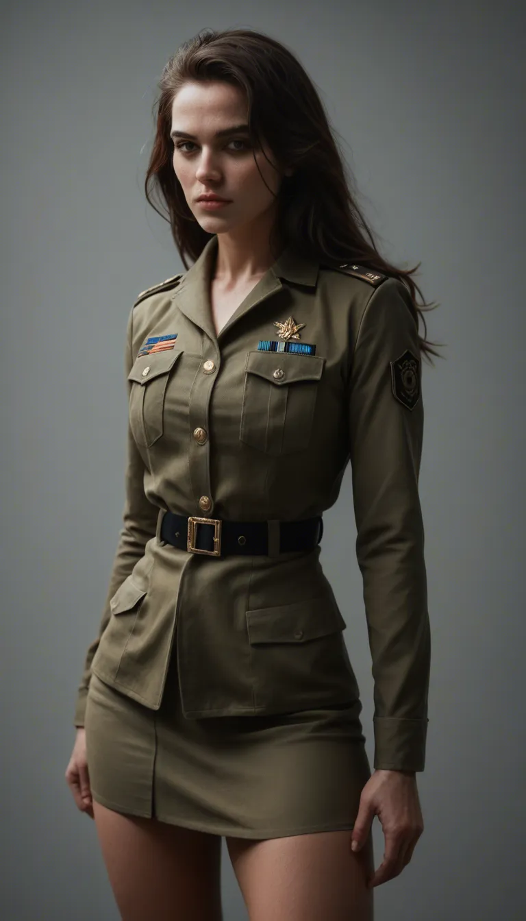 dslr, film grain, photorealistic, brunette woman, wide hips, skirt, slow turn, arching back, military, lifelike render
