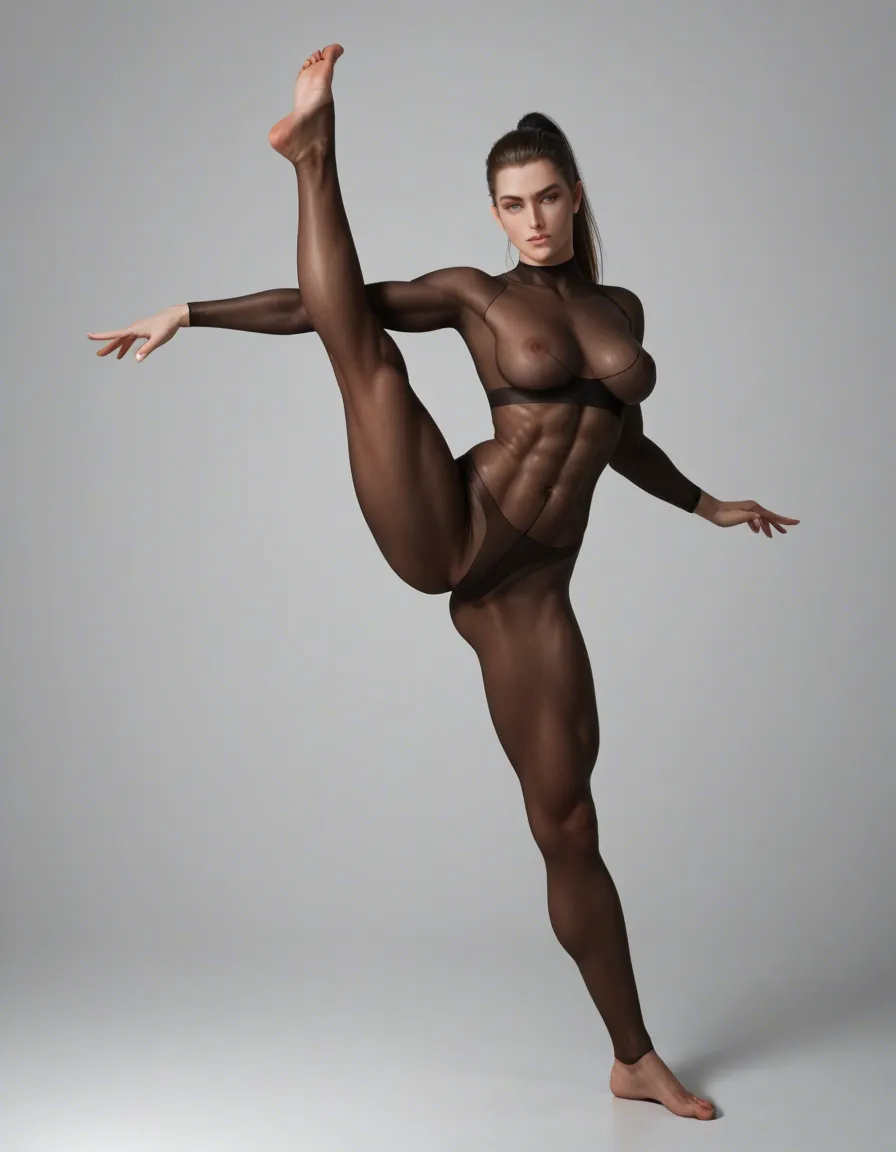 hot woman, full_body,woman doing splits while standing, standing_on_one_leg, splits, one foot over her head and one on the floor, oversplit, head_tilt, pantyhose, bodystocking, ponytail, athletic,woman has abs, gymnast, barefoot, long legs, blonde, on pointe, tan, tall, hentai_studio_quality, exposed pussy, hard nipples, transparent nylon, hentai_studio_quality, hentai_studio_quality, hentai_studio_quality, (anime style:1.3), 2d, anime screencap, cel shading, flat color, @00osamio00, hentai_studio_quality, score_9, score_8, cinematic film still, anamorphic, film grain, dramatic lighting, shallow depth of field
