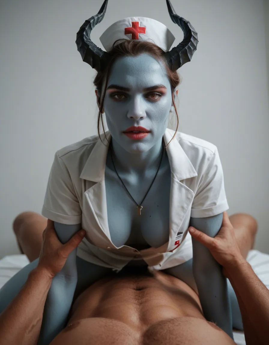 cinematic photo, 8k, nurse, colored skin, horns, 69 position, white background, POV, RAW photo, score_9, score_8, candid photo, realistic skin texture, visible skin pores, film grain, depth of field