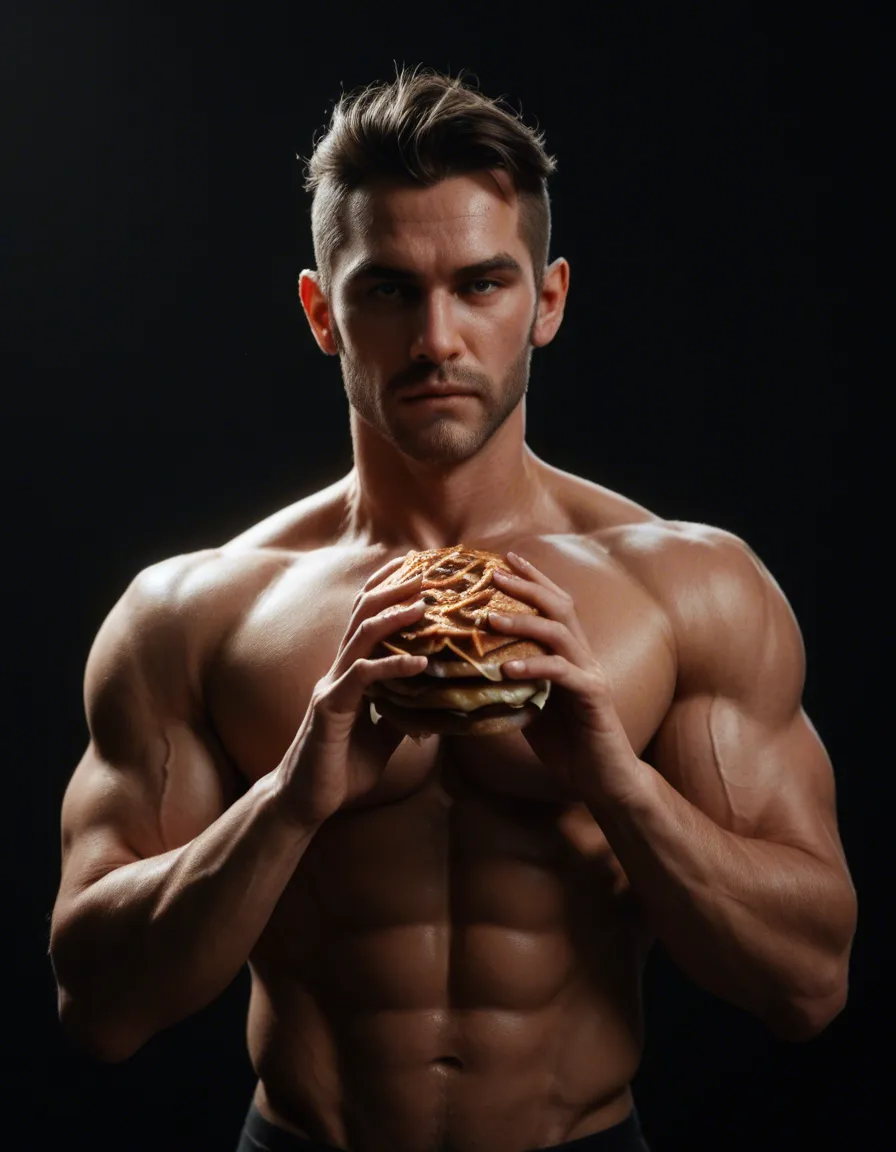 highly detailed, natural lighting, fitness model, muscular male, food, futanari, black background, RAW photo, score_9, score_8, candid photo, realistic skin texture, visible skin pores, film grain, depth of field