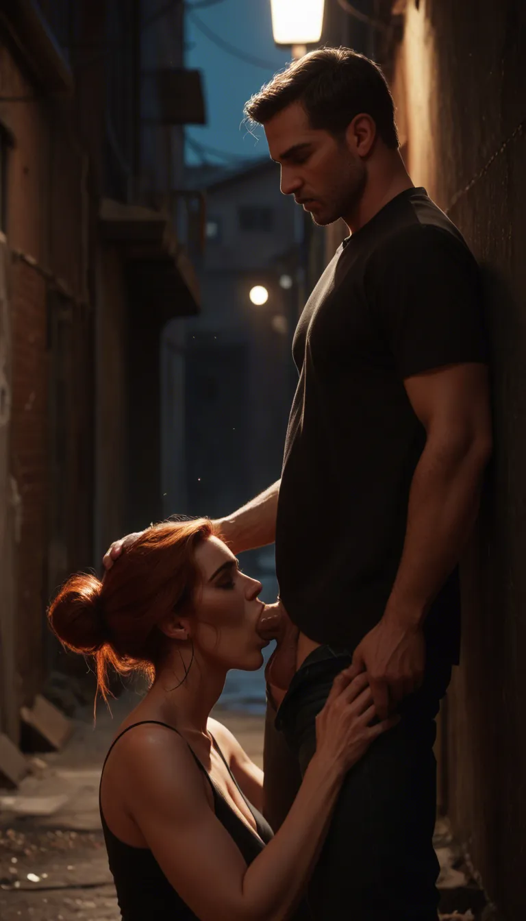 deepthroat blowjob, clothed sex, night, in back alley, ((mature female:1.3)), natural redhead, hair in bun, medium breasts, black_bodysuit, black ankle boots, on_one_knee, eagerly deepthroating dark-skinned police officer with large penis