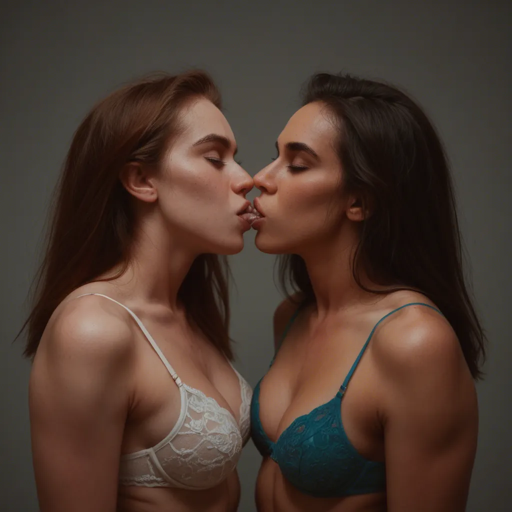 two cute young women kissing each other while wearing only bras.