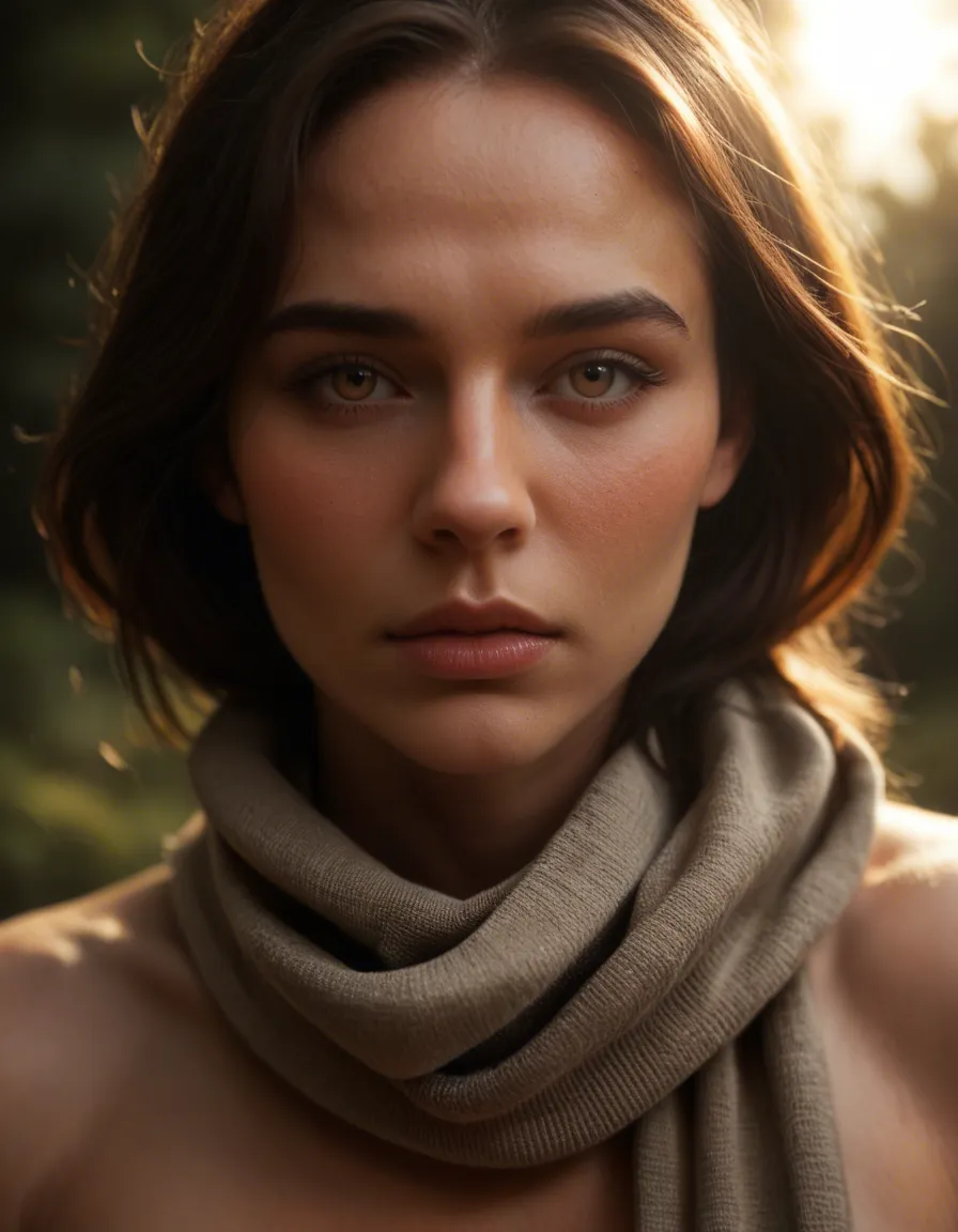best quality, hyperrealistic, close-up, solo, fully nude, scarf, sunlight, submissive blush, 8k uhd photo, score_9, score_8, candid photo, realistic skin texture, visible skin pores, film grain, depth of field