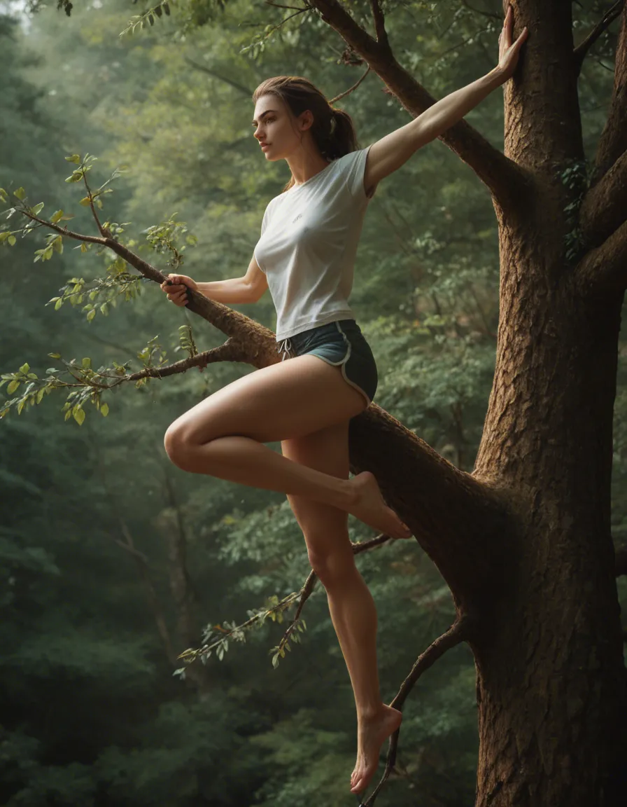 futanari, 1woman, pretty, small, slim, climbing oak tree in short_shorts , short t-shirt facing away  and climbing oak tree, 1 foot on one branch, second foot higher up and hands on branches, facing tree and looking over shoulder. Small rounded bottom pushed out, hairy pussy seen past short_shorts, score_9,, score_9, score_8, 3d render, octane render, subsurface scattering, ray tracing, smooth shading