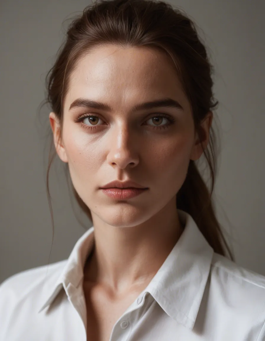 dslr, film grain, photorealistic, solo, sidelocks, collared shirt, presenting, lifelike render, score_9, score_8, candid photo, realistic skin texture, visible skin pores, film grain, depth of field