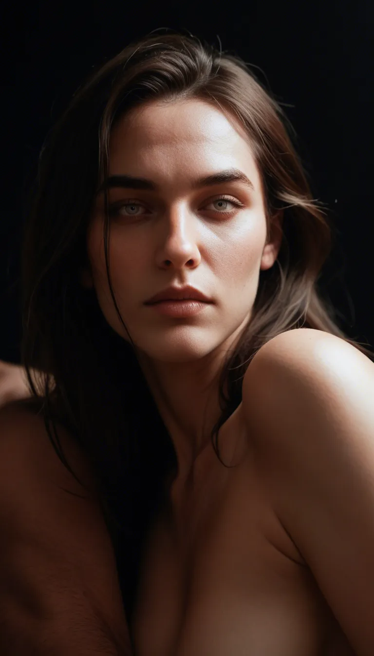 highly detailed, natural lighting, male focus, spooning, petite adult woman, black background, lustful eyes, dslr quality