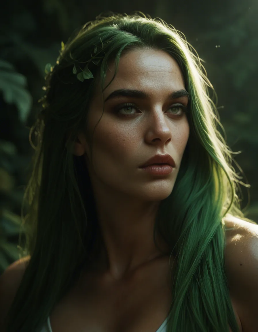 Green Goddess sucking mushroom head, score_9, score_8, cinematic film still, anamorphic, film grain, dramatic lighting, shallow depth of field