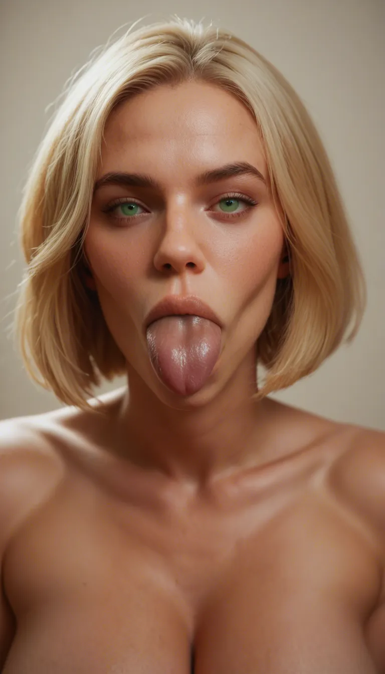 beautiful caucasian woman, blonde_hair , bob_cut , green_eyes , naked, huge_breasts , fellatio , deep fellatio, deepthroath, choking looking_at_viewer , penis in mouth , open_mouth ,