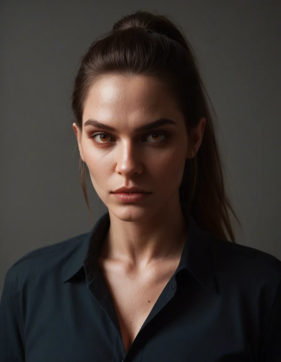 best quality, hyperrealistic, demon woman, ponytail, collared shirt, fully nude, dslr quality, score_9, score_8, candid photo, realistic skin texture, visible skin pores, film grain, depth of field