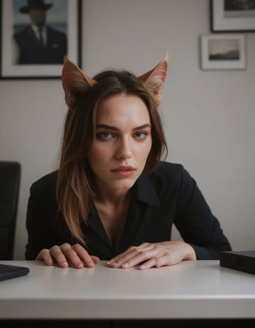 RAW photo, ultra realistic, catgirl, office wear, doggy style, dslr quality, score_9, score_8, candid photo, realistic skin texture, visible skin pores, film grain, depth of field