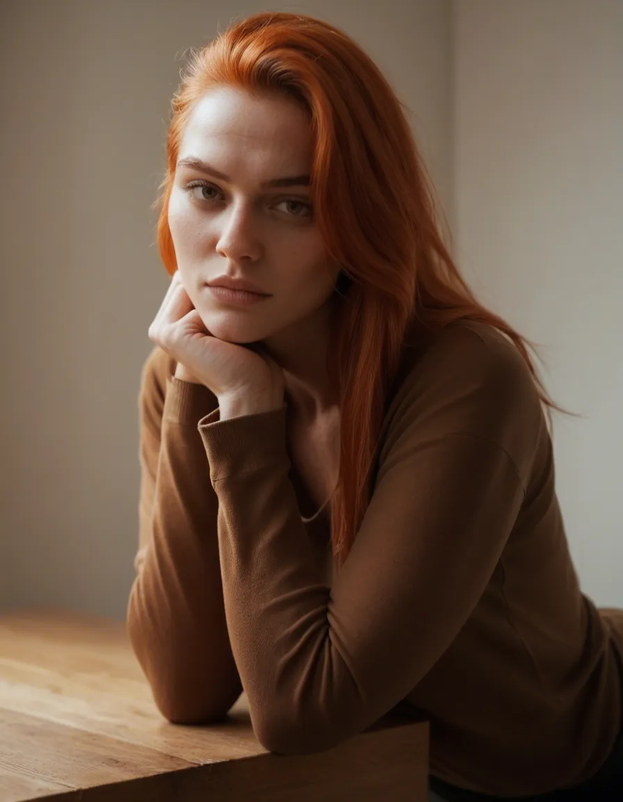 ultra HD, lifelike, ginger hair, long sleeves, bent over, volumetric light, photorealistic, score_9, score_8, candid photo, realistic skin texture, visible skin pores, film grain, depth of field