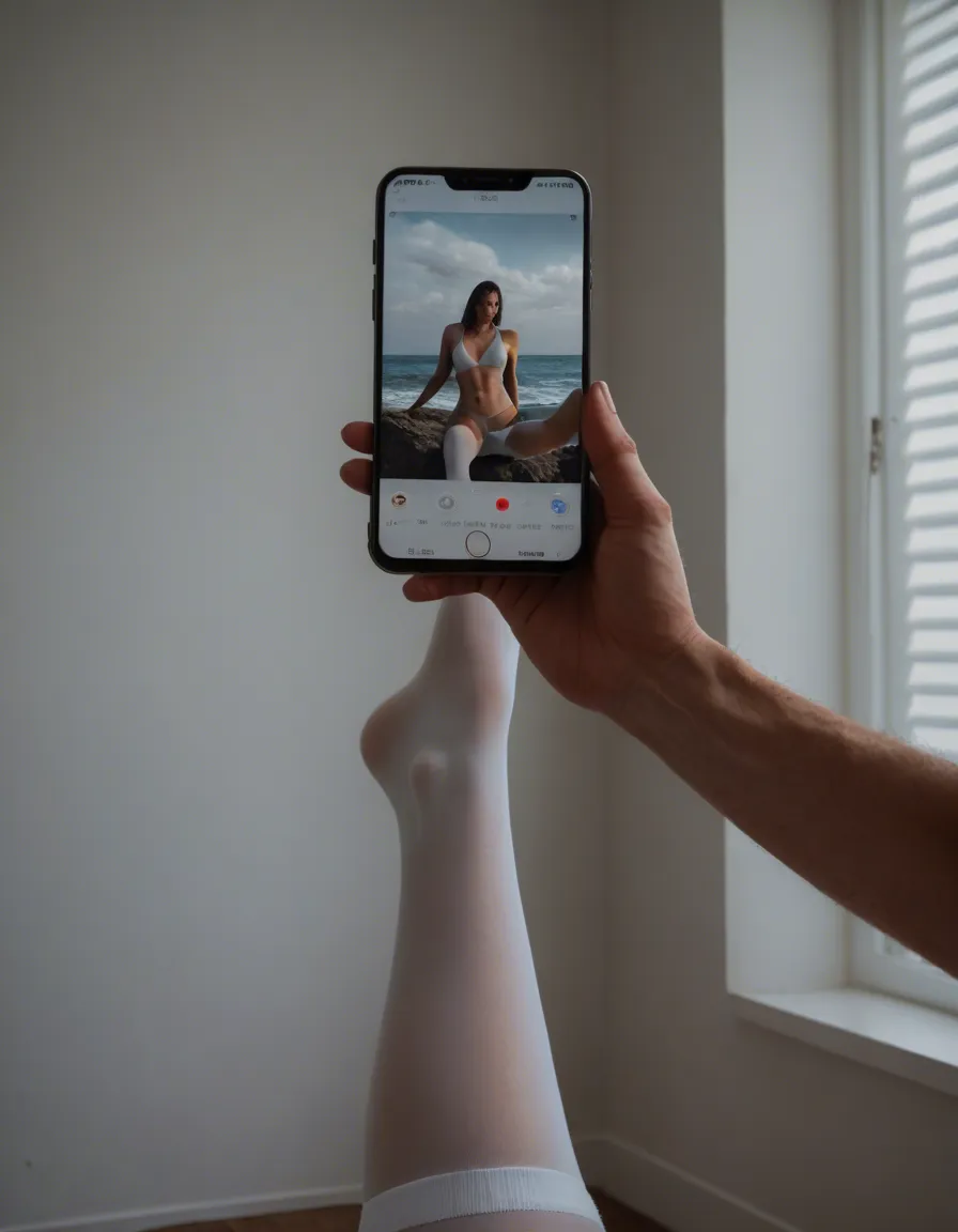 real photo, detailed, solo, leg up, white thighhighs, day, candid shot, score_9, score_8, amateur photo, phone snapshot, realistic skin texture, skin blemishes, soft indoor lighting