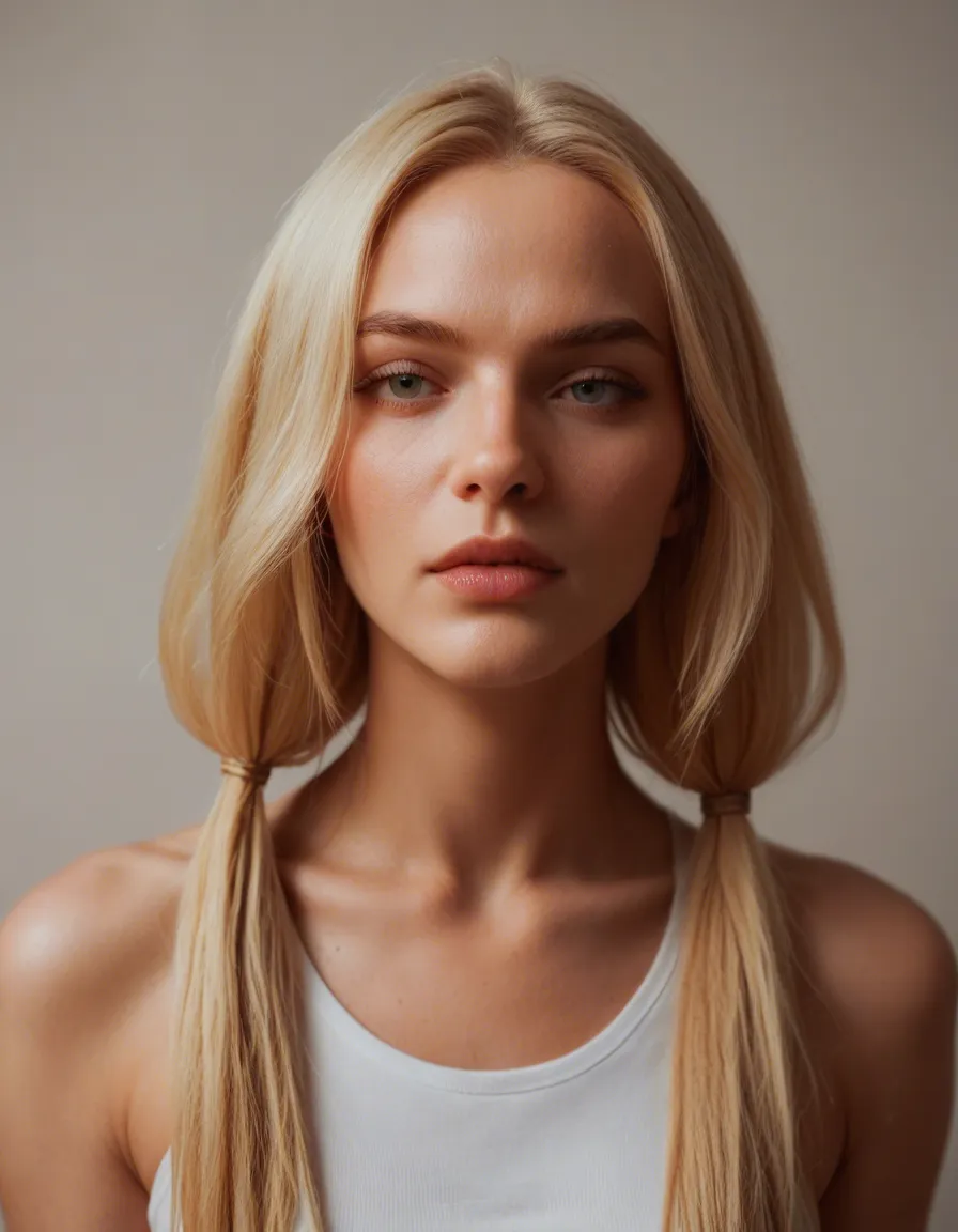 Stunning petite and small 18yo.  Long blonde hair in ponytails, score_9, score_8, candid photo, realistic skin texture, visible skin pores, film grain, depth of field