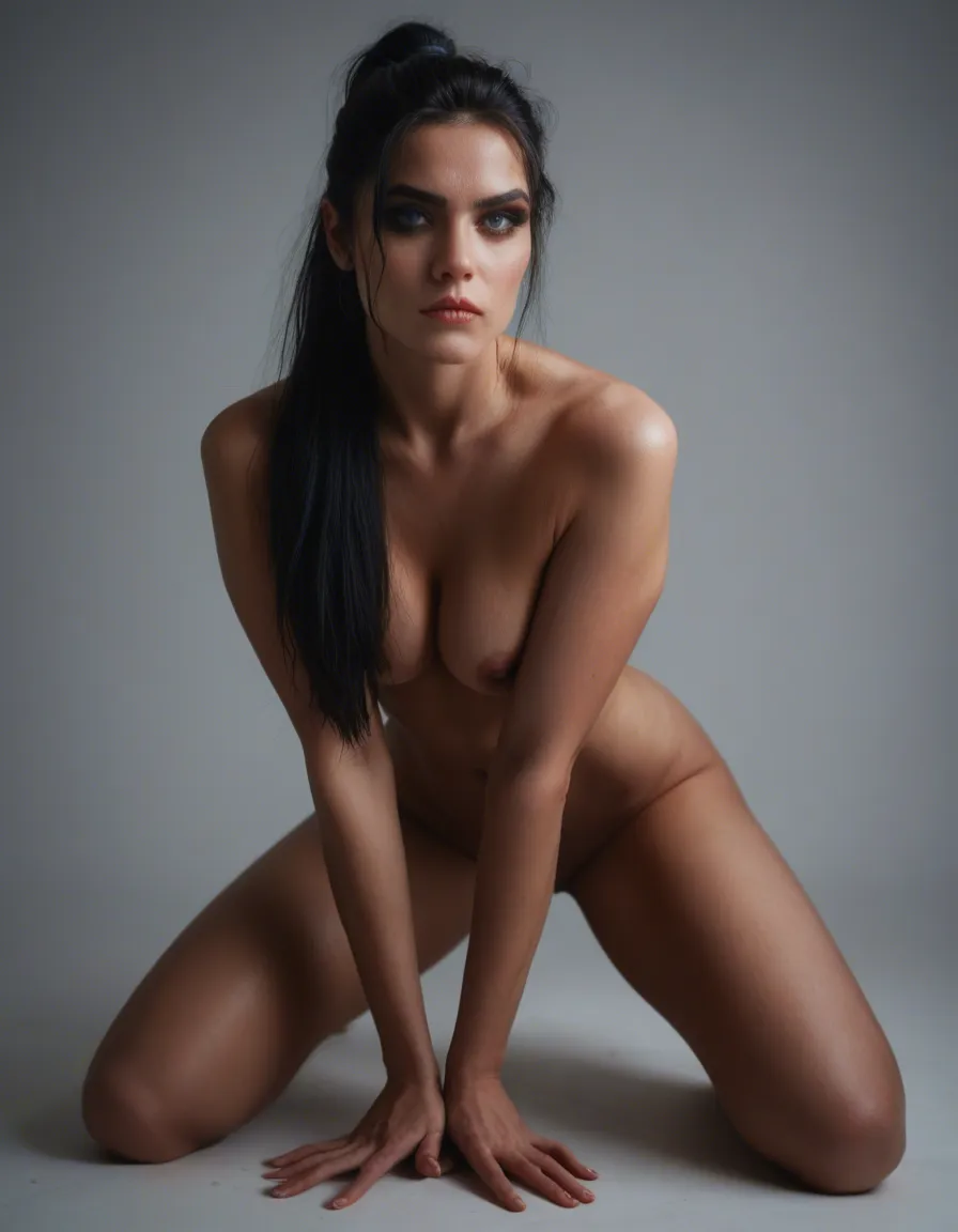 18yo. Naked. Long Black hair, tied back in a ponytail. On her Knees. Blue eyes, extremely longer lashes. Cosplay cat outfit, score_9, score_8, candid photo, realistic skin texture, visible skin pores, film grain, depth of field