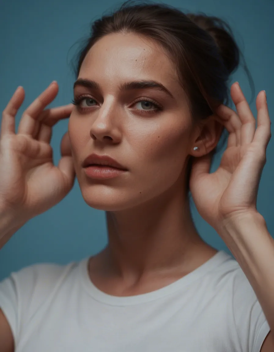 sharp focus, 8k uhd, 1woman, futanari, hands up, blue background, film photography, score_9, score_8, candid photo, realistic skin texture, visible skin pores, film grain, depth of field