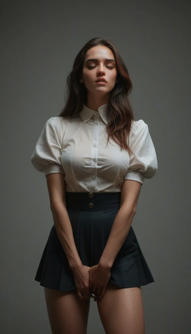 8k, sharp focus, detailed skin, brunette woman, two-tone hair, puffy sleeves, masturbation, skirt_hold, warm tones, hyperrealistic, medium_breasts shaking, ahegao, squirting