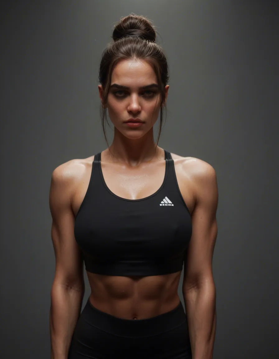 sharp focus, 8k uhd, fitness model, hair bun, black gloves, bondage, ambient glow, dslr quality, score_9, score_8, candid photo, realistic skin texture, visible skin pores, film grain, depth of field