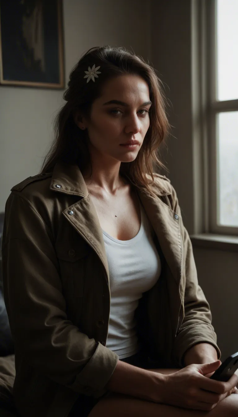 studio quality, sharp focus, mature female, hair ornament, jacket, riding, window light, photorealistic