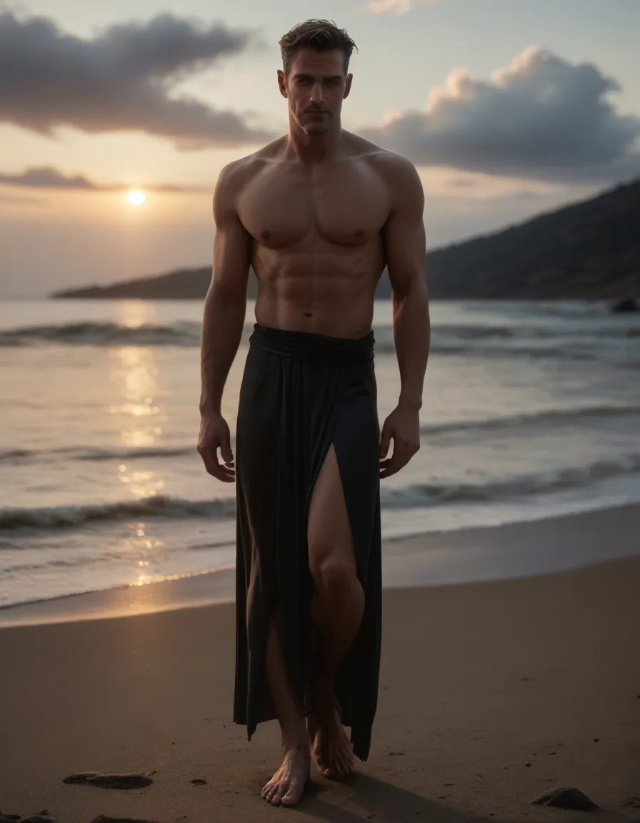 ultra HD, lifelike, male focus, feet out of frame, cocktail dress, topless, cloudy sky, soft lighting, film photography, score_9, score_8, candid photo, realistic skin texture, visible skin pores, film grain, depth of field