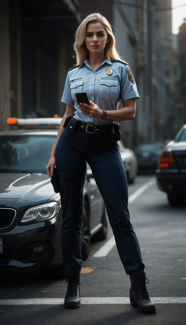 A blonde mature_female police officer, wearing a police uniform, black pants, black utility boots, standing with one leg up on the front bumper of a police car., score_9, score_8, amateur photo, phone snapshot, realistic skin texture, skin blemishes, soft indoor lighting