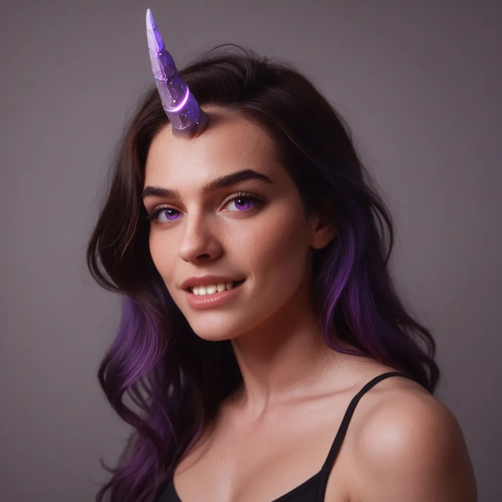 cute brown-skinned femboy, soft feminine features, short wavy black and dark purple gradient hair, large purple eyes, gap teeth, sleek unicorn horn with purple-to-pink gradient, black unicorn ears,

large fat tits, full black bimbo lips,

shocked and surprised expression, eyes wide, mouth slightly open,
very small dick, extremely large wide hips and thick heavy thighs matching the reference image style (soft, plump, heavy lower body with deep folds),  shacking their ass