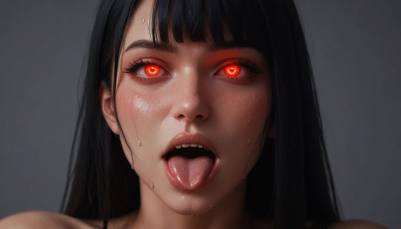 A highly detailed NSFW anime illustration of a seductive Japanese anime girl with long straight dark blue-black hair with blunt bangs, red glowing eyes, small fangs, blushing face with ahegao-style open mouth showing teeth and tongue slightly out, sweat drops on her cheeks. She is standing in the center of a traditional tatami mat floor inside a wooden Japanese room with shoji screens and hanging noren curtains. She is completely topless, her massive bare breasts fully exposed and heavily jiggling with motion lines, large pink nipples, shiny sweat dripping down her cleavage and over her breasts.
She wears a traditional dark gray kimono-style outfit that is pulled down to her waist, revealing her entire torso and huge breasts, with a red and gold obi sash tied at her hips, the kimono fabric bunched around her waist and thighs, exposing her smooth shaved pussy.
Her pose is dynamic and lewd: she has raised one leg high, foot arched and sole facing the viewer directly (perfect foot fetish view), toes pointed and spread, smooth sole glistening with sweat. Her other foot is planted on the tatami. She is leaning forward slightly, mouth open wide, tongue extended and licking the sole of her own raised foot in a sloppy erotic way, tongue stretched out touching the wet skin of her sole. Her free hand is gripping her ankle or the back of her thigh to keep the pose. Heavy blush, heart-shaped blush marks, motion lines, glossy wet skin everywhere, anime style, ultra detailed, high resolution, NSFW explicit, seductive and lewd atmosphere., score_9, score_8, candid photo, realistic skin texture, visible skin pores, film grain, depth of field
