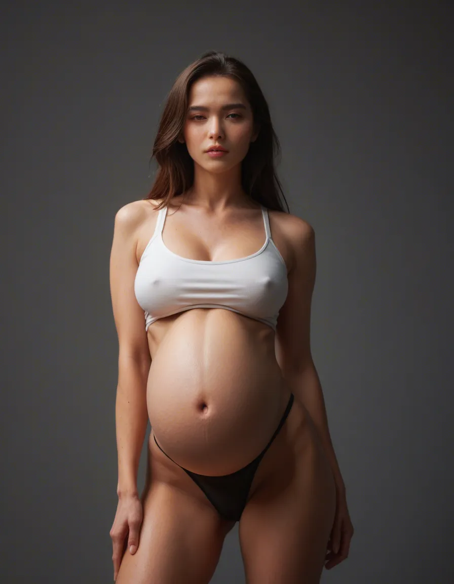 Pregnant G-cup Korean, score_9, score_8, candid photo, realistic skin texture, visible skin pores, film grain, depth of field