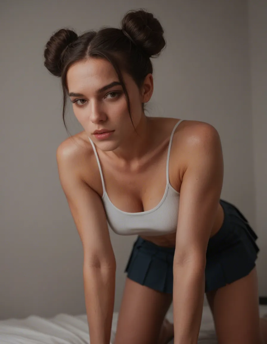 studio quality, sharp focus, brunette woman, double bun, pleated skirt, doggy style, lifelike render, score_9, score_8, candid photo, realistic skin texture, visible skin pores, film grain, depth of field