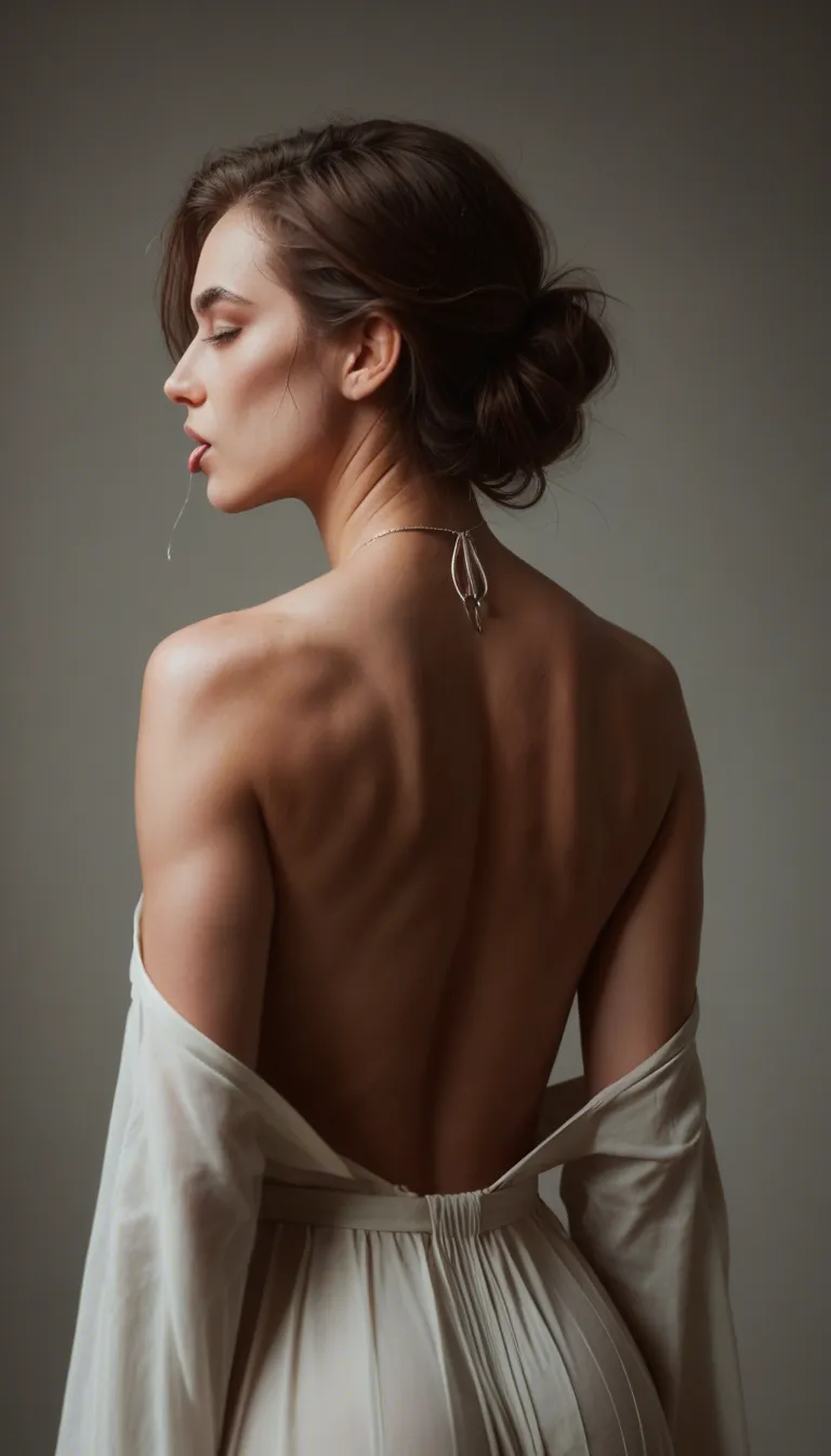 photorealistic, highly detailed, a handsome young man slowly licking the bare upper back and spine of a beautiful young woman wearing a sexy open backless blouse, her entire back exposed, soft glistening skin with a thin saliva trail, intimate close-up side view, she has a sensual expression and slightly arched back, dim romantic lighting, shallow depth of field, realistic skin texture, 8k, sharp focus, cinematic