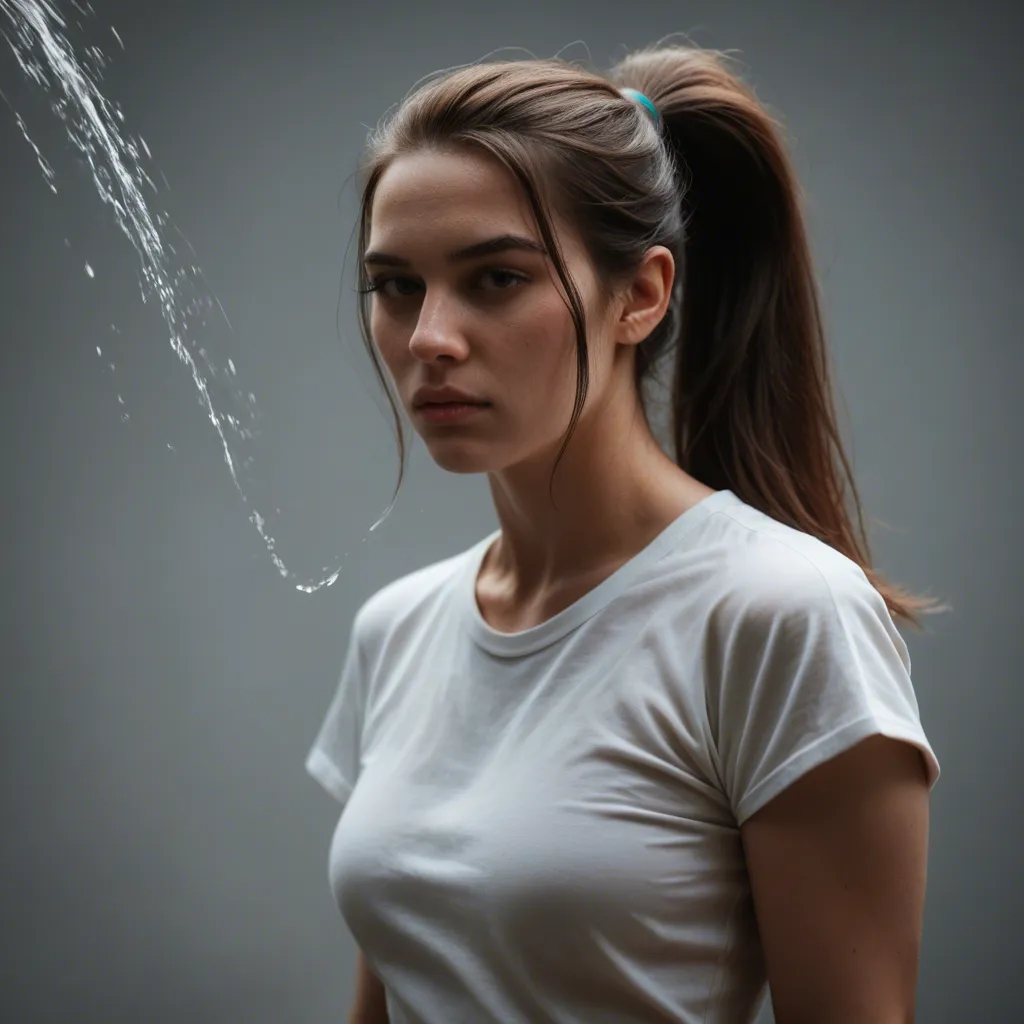 best quality, hyperrealistic, brunette woman, ponytail, short sleeves, squirting, rim light, natural skin texture