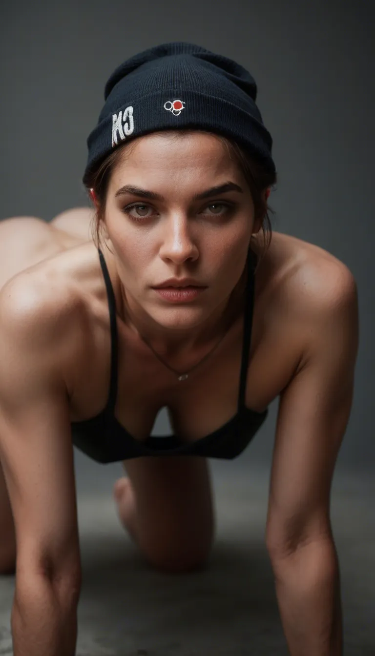 RAW photo, ultra realistic, bunny woman, hair bun, hat, on all fours, cinematic realism