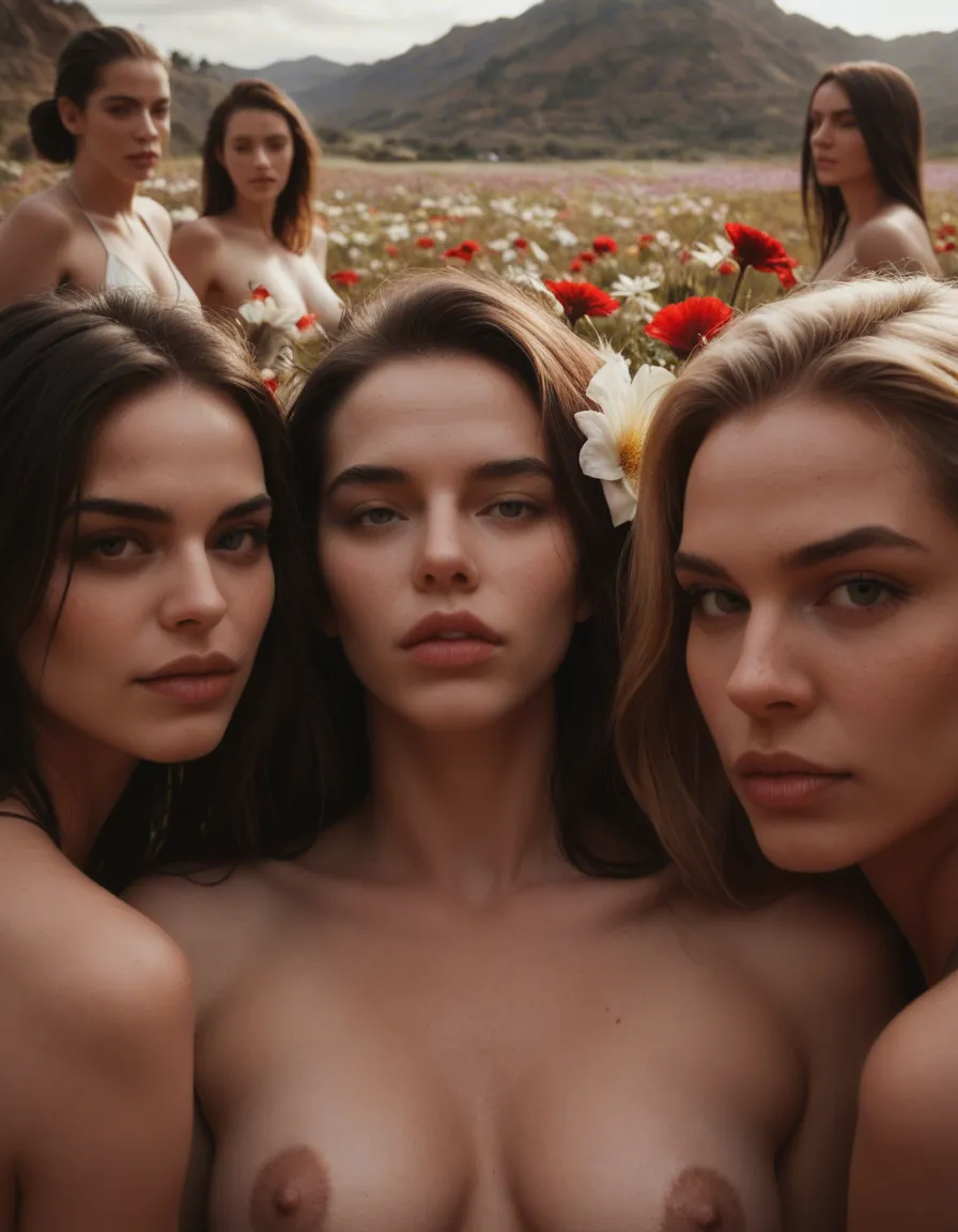 cinematic photo, 8k, 4girls, lips, flower, missionary, day, side view, photorealistic, score_9, score_8, candid photo, realistic skin texture, visible skin pores, film grain, depth of field
