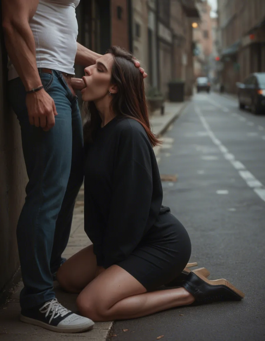 Yor forger from "spy x family" is kneeling on the sidewalk and giving a man a fellatio. from_side, score_9, score_8, candid photo, realistic skin texture, visible skin pores, film grain, depth of field