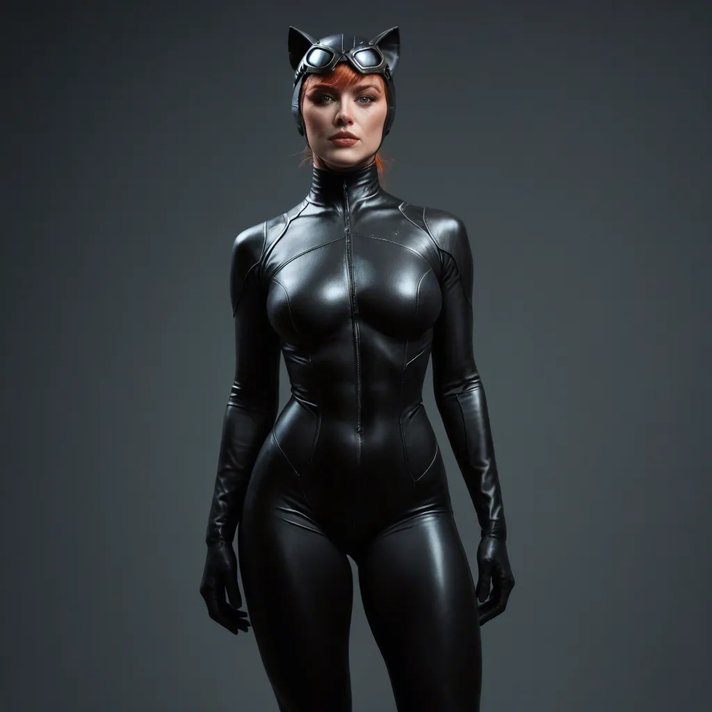 Hot redhead woman in her 30s in revealing Catwoman suit. She has giant curves that are jiggling as she jumps. She turns around, bends over and slaps her own ass