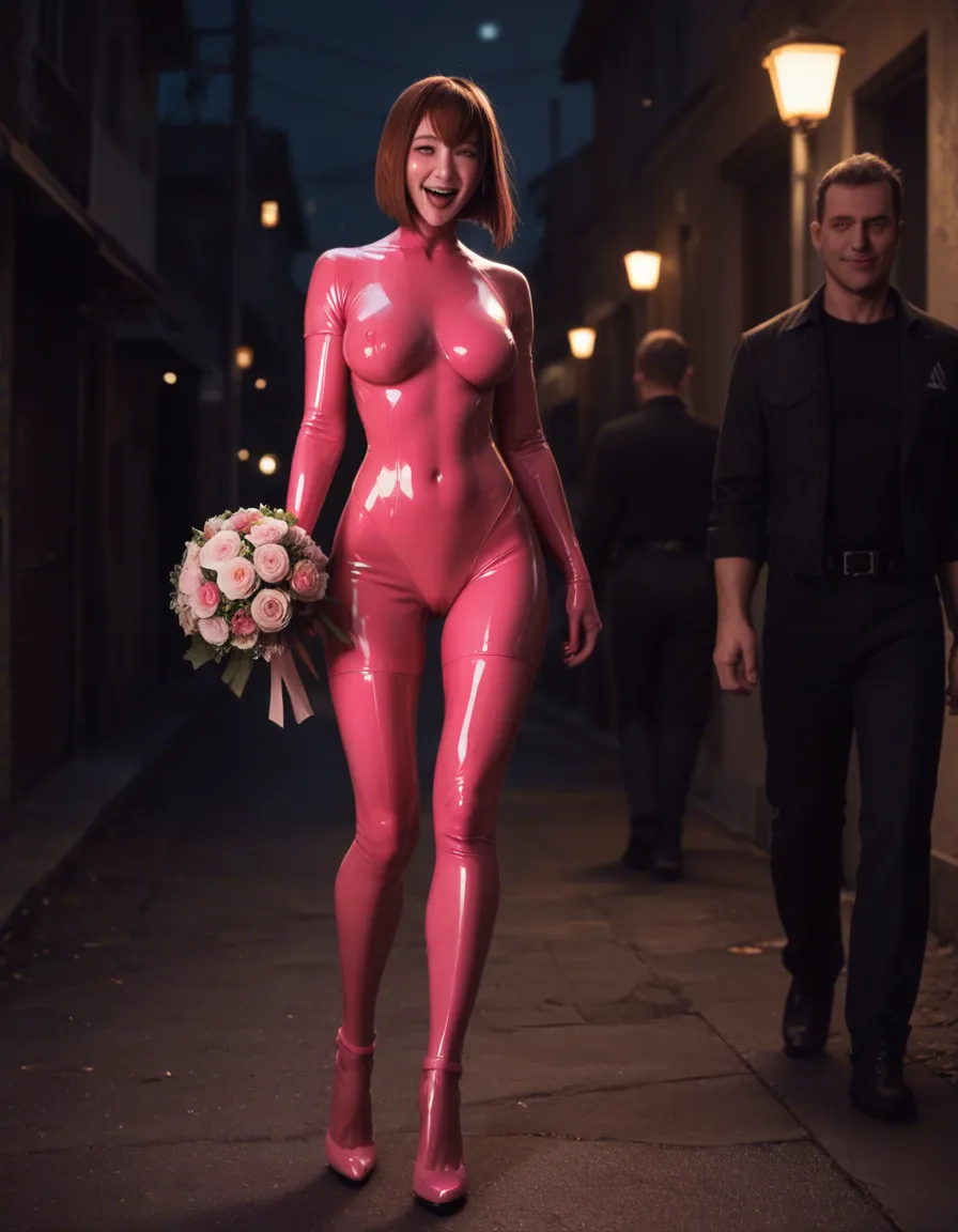 @makise_kurisu, anal sex, night, lustful eyes, ultra HD, lifelike, walking, smile, pink_latex_suit, fruit, bouquet, thighhighs, high_heels, ahegao, score_9, score_8, candid photo, realistic skin texture, visible skin pores, film grain, depth of field
