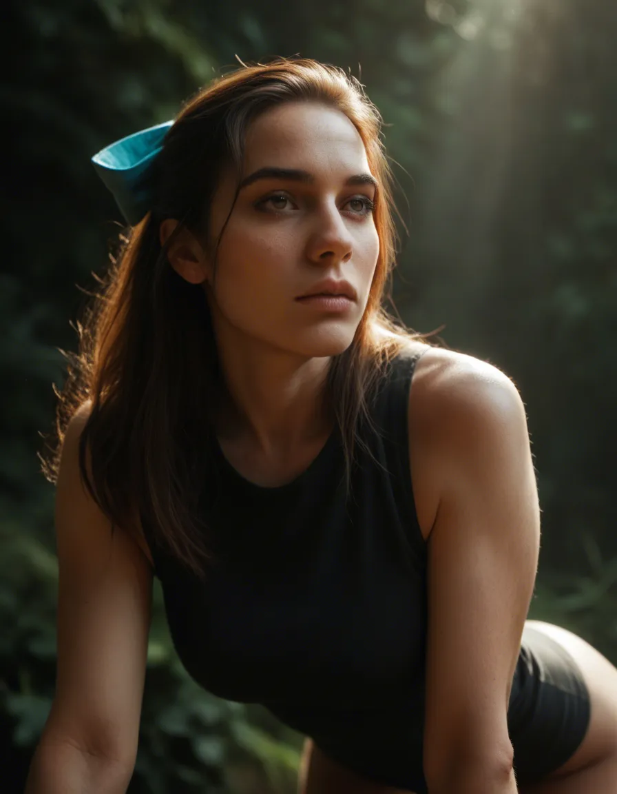 highly detailed, natural lighting, solo female, hair bow, sleeveless, bent over, photorealistic, score_9, score_8, candid photo, realistic skin texture, visible skin pores, film grain, depth of field