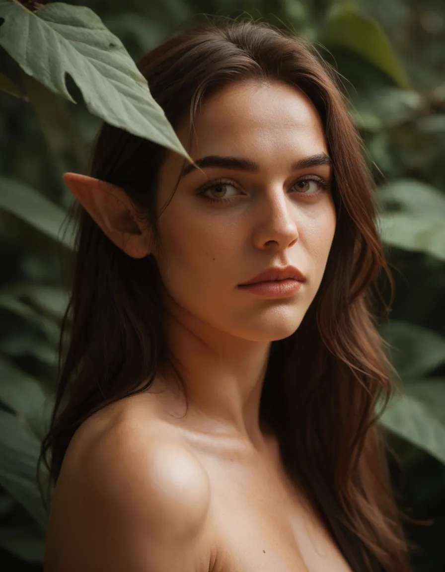 cinematic photo, 8k, portrait, brunette woman, presenting, pointy ears, leaf, dslr quality, score_9, score_8, candid photo, realistic skin texture, visible skin pores, film grain, depth of field