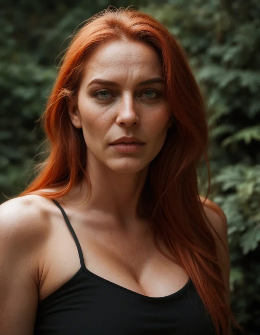 Thick redhead milf with trimmed bush, score_9, score_8, candid photo, realistic skin texture, visible skin pores, film grain, depth of field