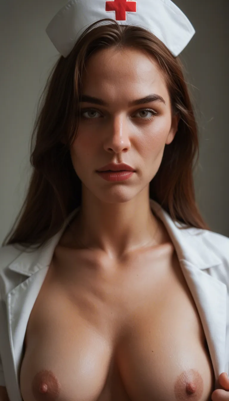 Close-up video of a nurse woman's breasts squeezing a man from behind the woman.