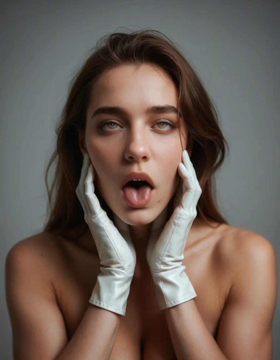 studio quality, sharp focus, solo female, white gloves, ahegao, photorealistic, score_9, score_8, candid photo, realistic skin texture, visible skin pores, film grain, depth of field
