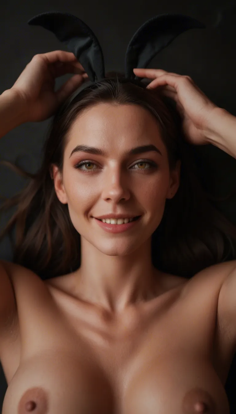 studio quality, sharp focus, POV, succubus, missionary, fake animal ears, black background, shy smile, cinematic realism