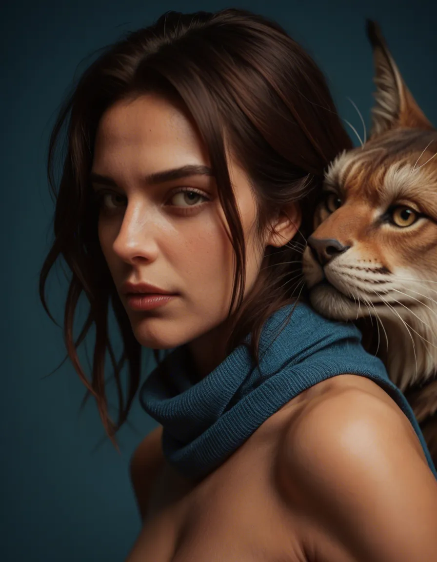 dslr, film grain, photorealistic, couple, scarf, tail, topless, blue background, close-up, soft lighting, lifelike render, score_9, score_8, candid photo, realistic skin texture, visible skin pores, film grain, depth of field