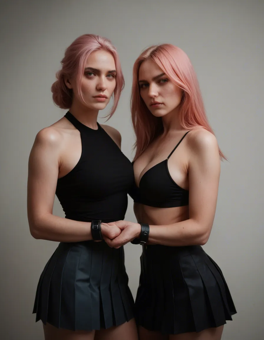 dslr, film grain, photorealistic, 2women, pink hair, pleated skirt, bondage, 8k uhd photo, score_9, score_8, candid photo, realistic skin texture, visible skin pores, film grain, depth of field