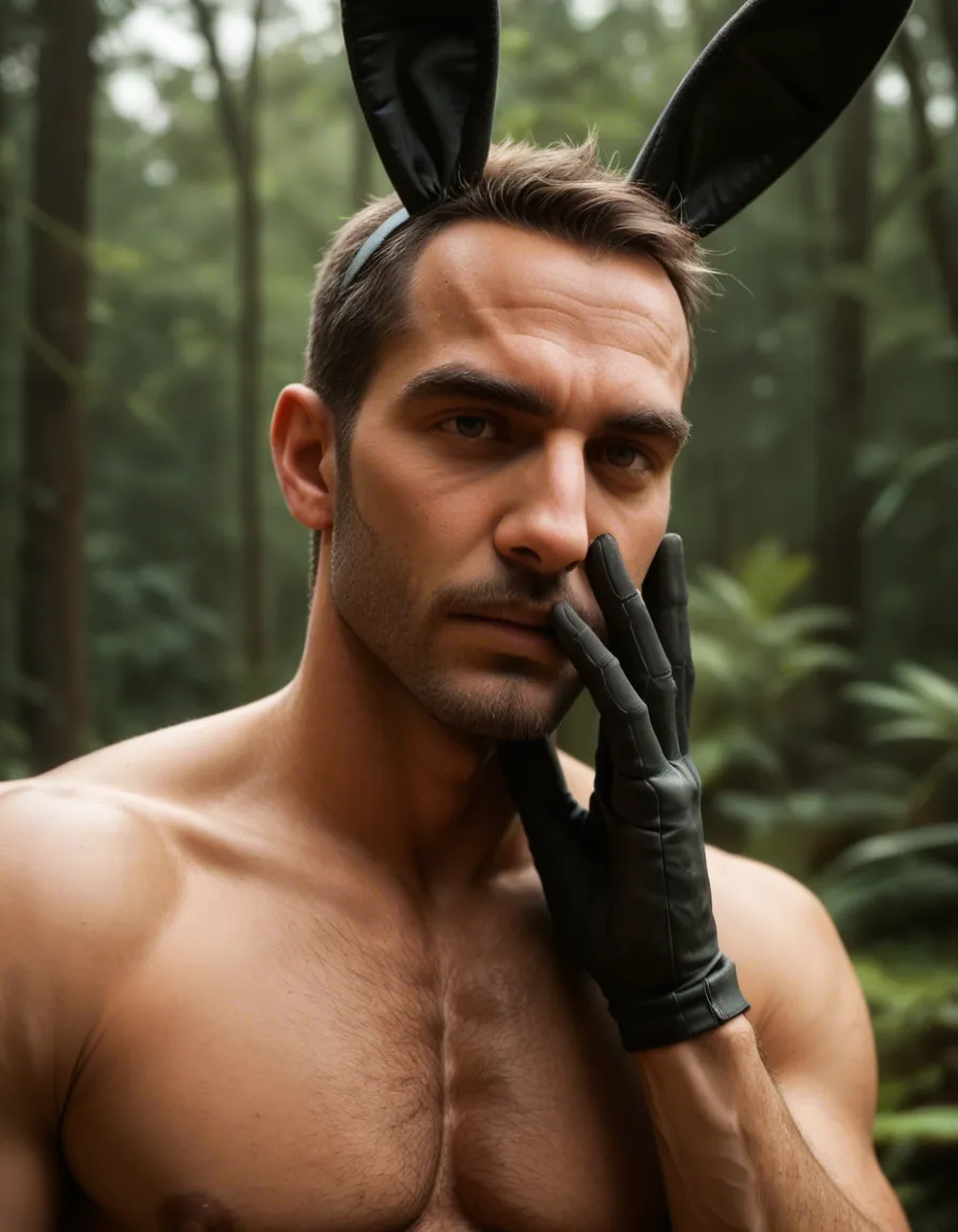 best quality, hyperrealistic, male focus, fake animal ears, black gloves, presenting, tree, natural skin texture, score_9, score_8, candid photo, realistic skin texture, visible skin pores, film grain, depth of field