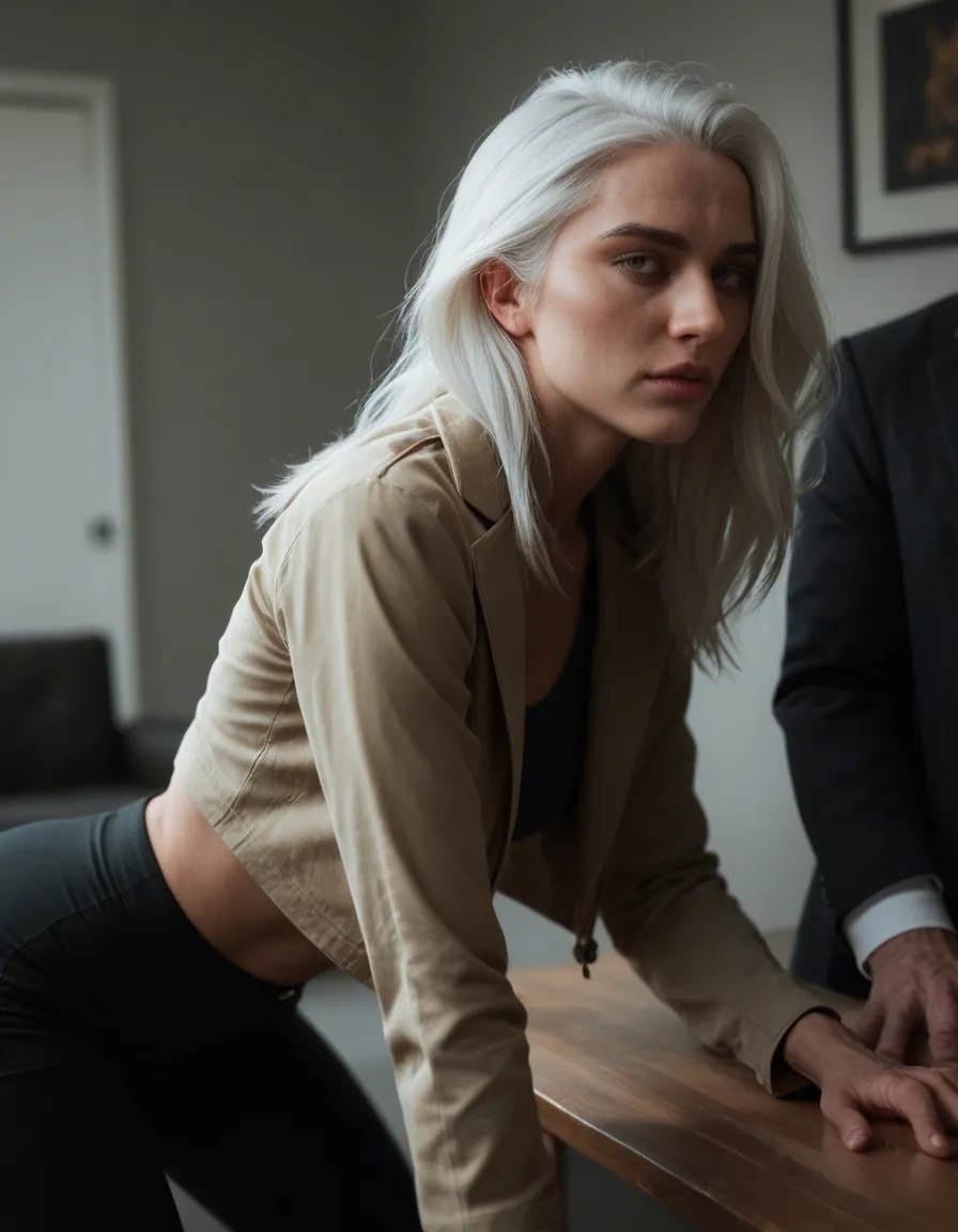 professional photo, high detail, couple, white hair, jacket, doggy style, volumetric light, 8k uhd photo, score_9, score_8, candid photo, realistic skin texture, visible skin pores, film grain, depth of field