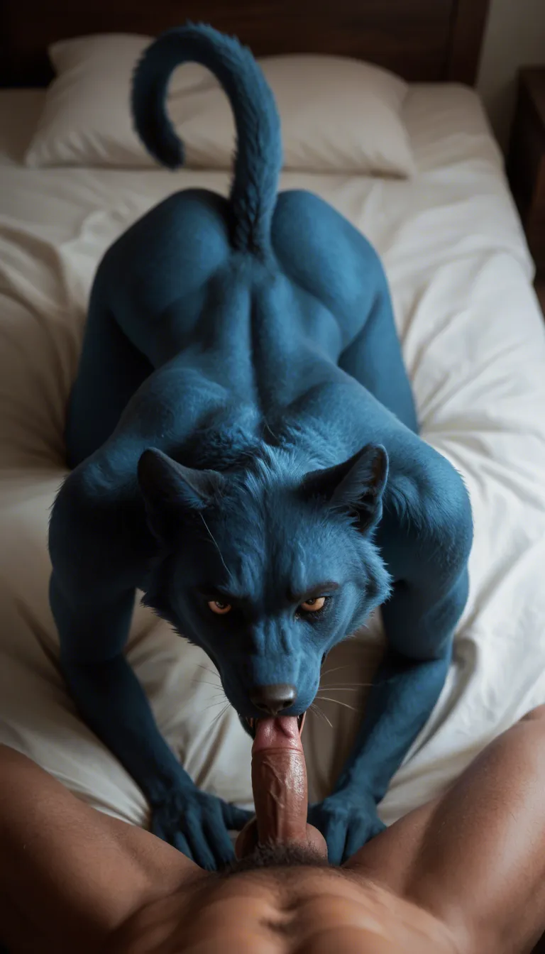 Furry gets it doggystyle , Blue furry on the bed , from_above , moaning sound_effects , night