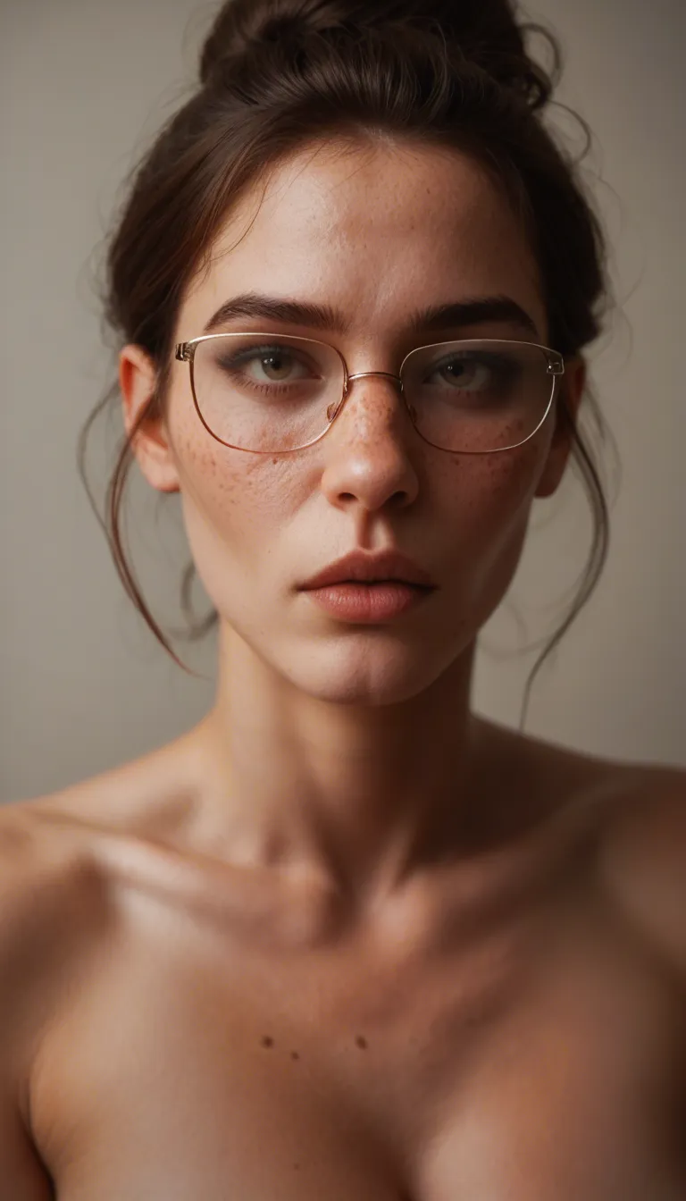 Nude fit brunette in glasses giving a point of view blowjob. She has her hair in a messy bun, she has freckles on her face and chest. She is sucking a white guys penis.have her show her boobs more and have the guy finish on her fact and mouth