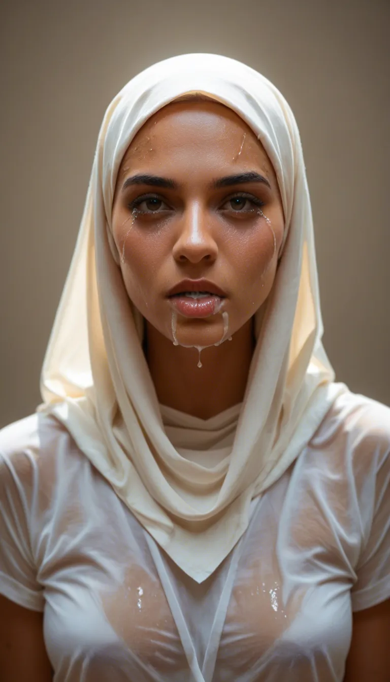 1girl, Malaysian girl, fair skin, white hijab, wet white shirt, cum_in_mouth, crying_with_eyes_open