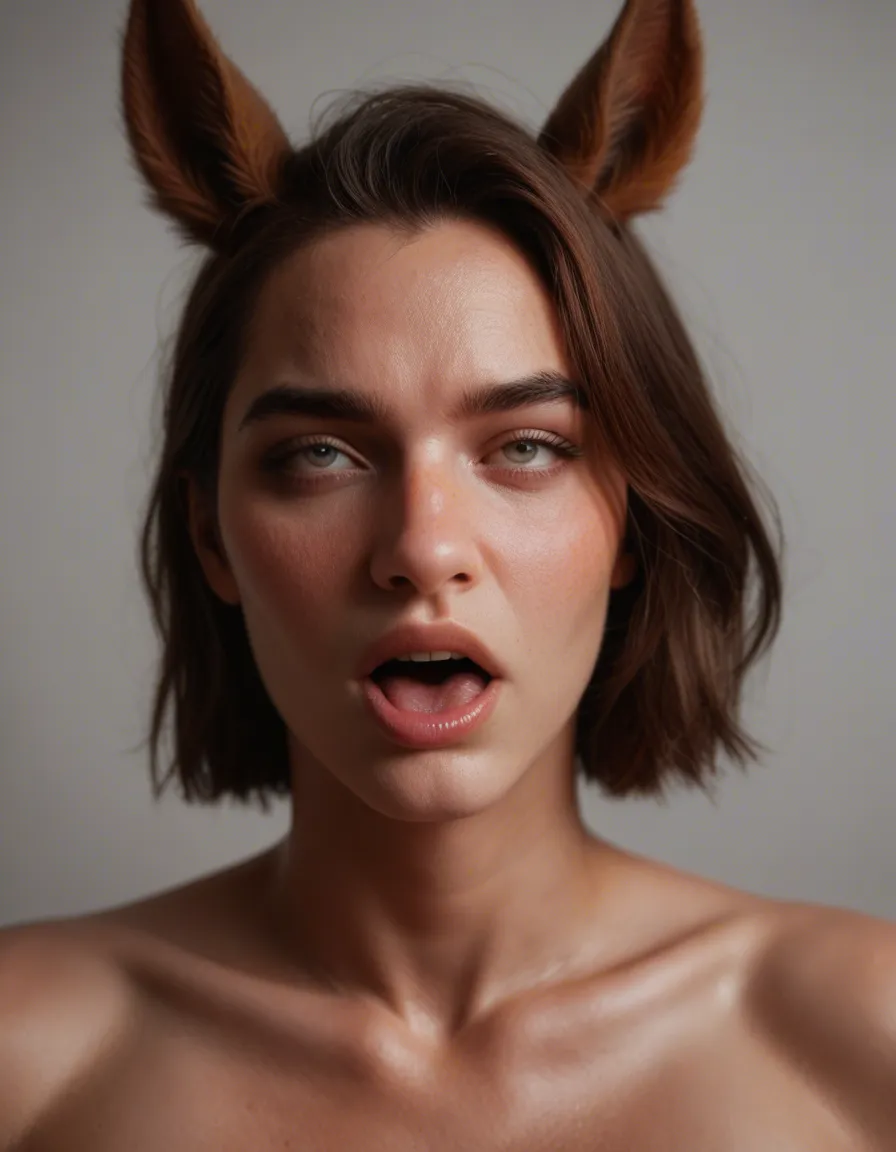 cinematic photo, 8k, 1boy, ahegao, horse ears, nervous blush, RAW photo, score_9, score_8, candid photo, realistic skin texture, visible skin pores, film grain, depth of field