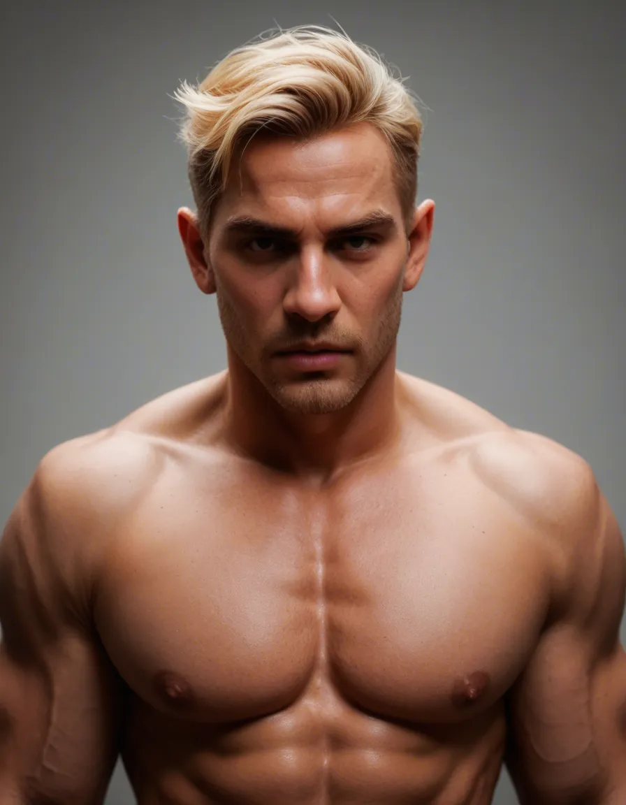 male blonde muscle hunk, score_9, score_8, candid photo, realistic skin texture, visible skin pores, film grain, depth of field